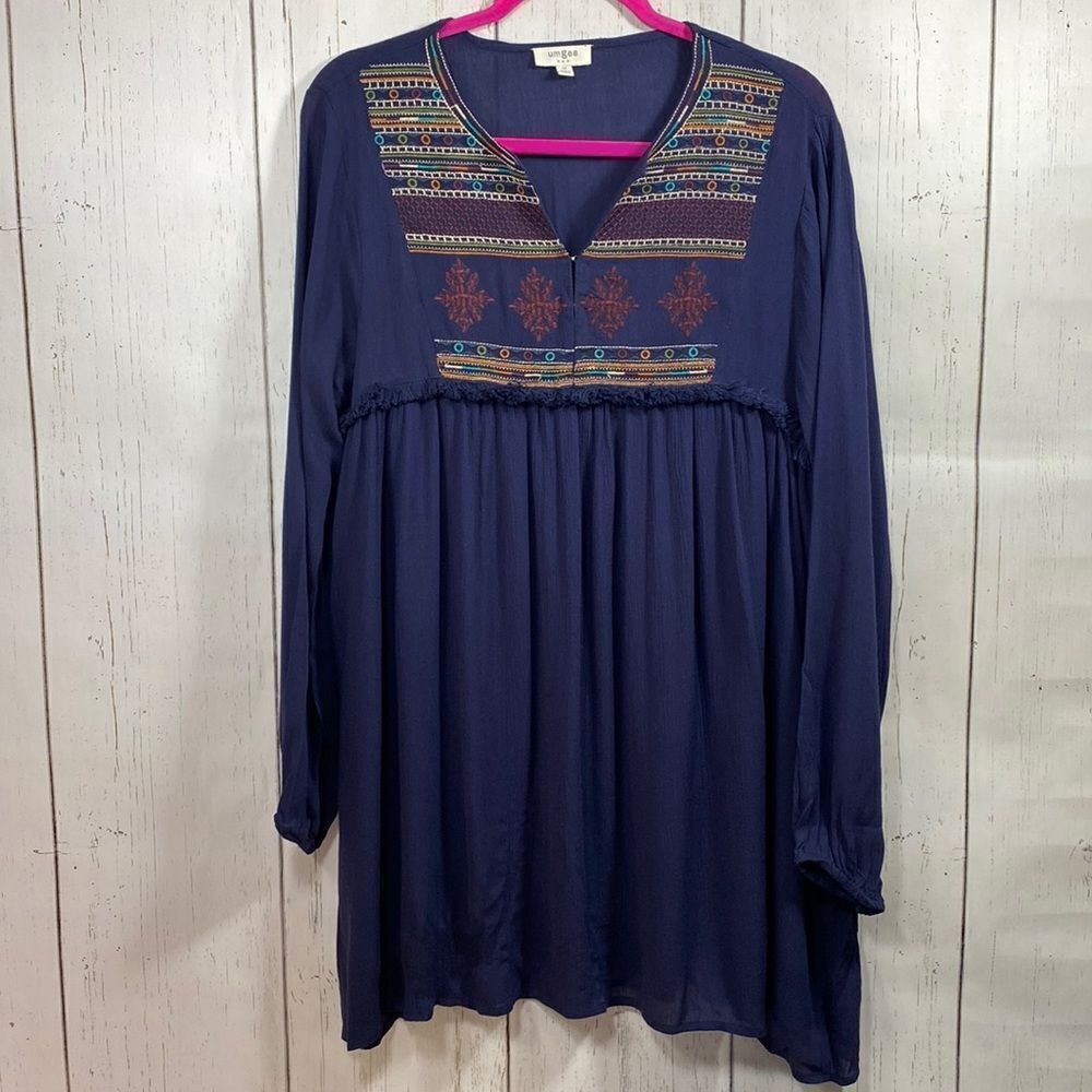 Umgee Boho Embroidered Tunic Dress Navy Lagenlook Peasant Flowy Size M Artsy